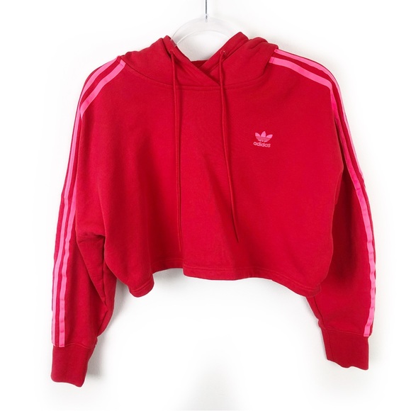 adidas Sweaters - Adidas cropped boxy hoodie with neon pink stripes